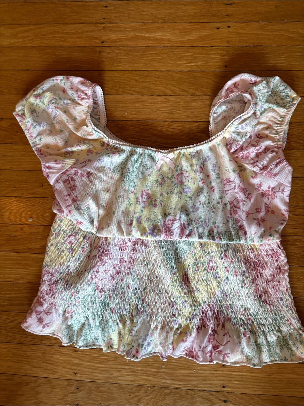 Floral Smocked Crop Top with Flutter Sleeves - Pink Multi